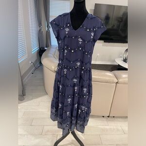 NWT Oliphant cotton tiered sequin beaded v neck dress S